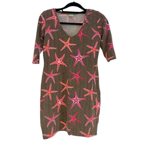 Manuel Canovas 1/2 Sleeve Dress US 10/12 Brown Starfish Print Stretch Bodycon - Picture 1 of 7